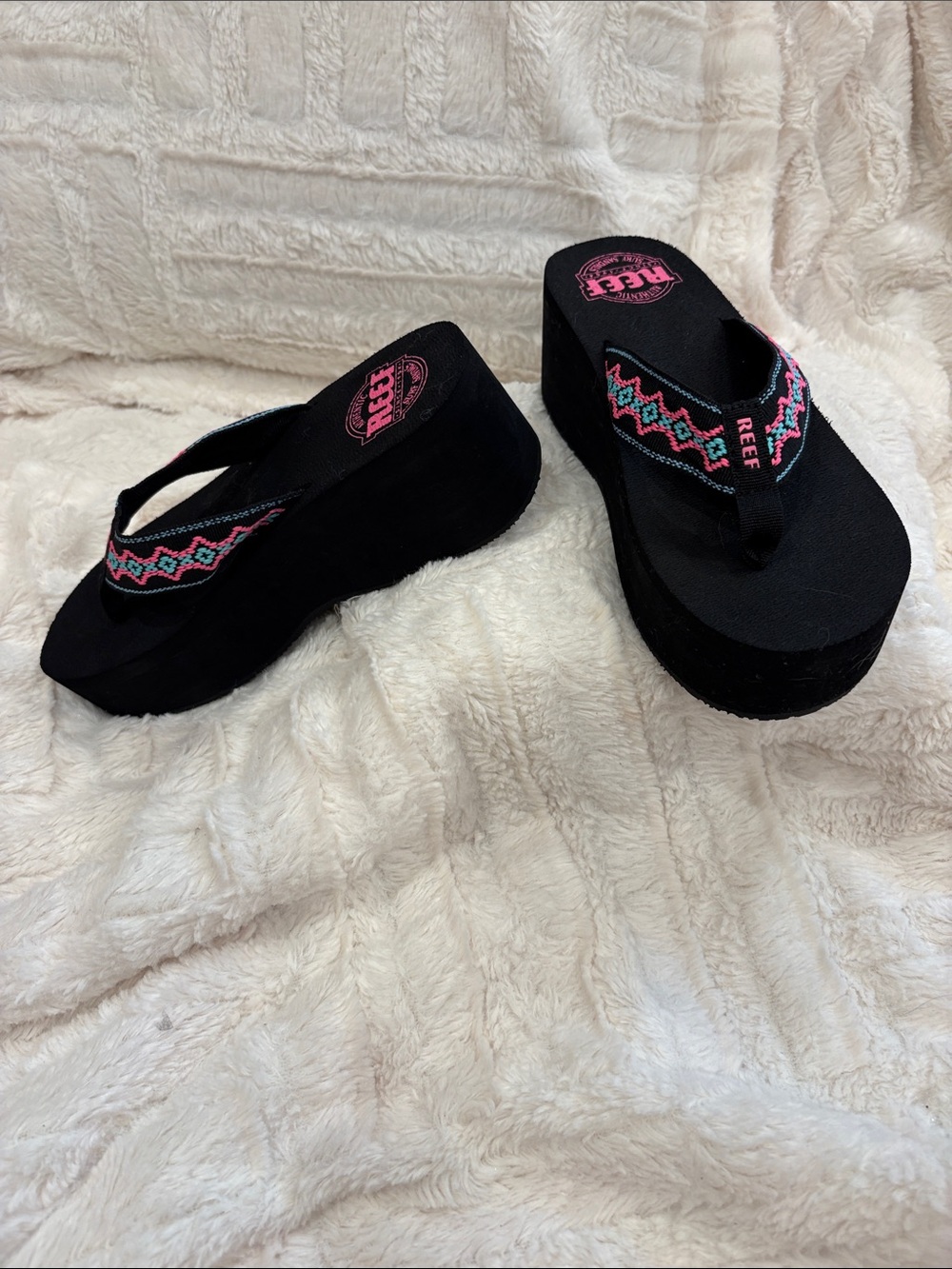 Reef Women’s Black Platform Sandals with Pink and Teal Embroidery